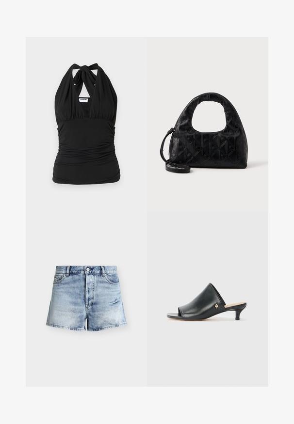 Noisy May NMBELLA HALTERNECK - Top - black; Lyseblå denimshorts med knaplukning, bæltestropper, forlommer og en lille distressed plet på højre ben.; Sorte læder open-toe mules med en lav hæl. Har en glat overflade og et guld logo-prim på siden.; Sort læderhåndtaske med et buet topgreb, subtil diamantmønster og en aftagelig rem. Teksturen er glat med prægede detaljer.
