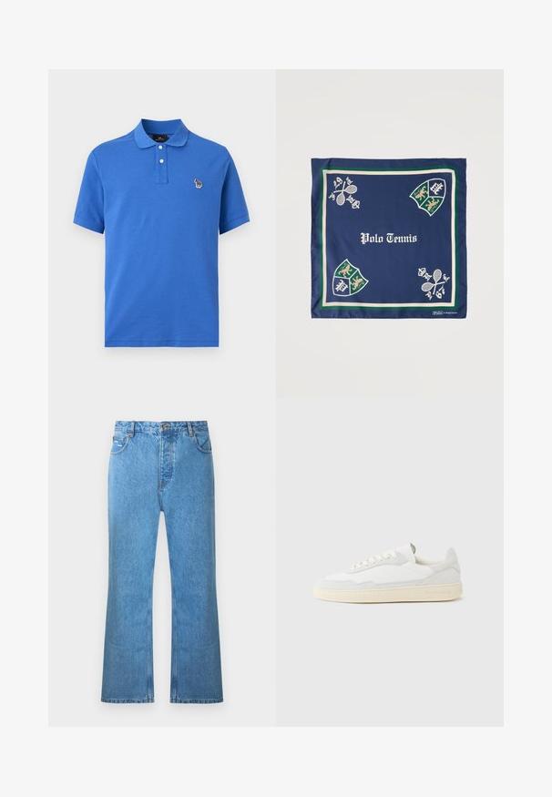 Polo bleu à manches courtes avec deux boutons blancs et un petit logo zèbre multicolore brodé sur la poitrine gauche.; Jean évasé en denim bleu clair avec une taille haute, cinq poches et un délavage subtil. Comprend des accents de couture et une fermeture à bouton.; Baskets blanches avec dessus en daim et cuir texturé. Caractérisées par un bout arrondi, une fermeture à lacets et une semelle en caoutchouc beige contrastante.; Foulard carré bleu marine avec bordures vertes et beiges, comprenant le texte "Polo Tennis", des raquettes de tennis croisées et des emblèmes en forme de bouclier aux coins.