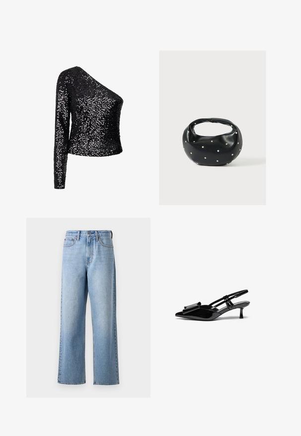 Top negro de lentejuelas con una manga larga y un escote asimétrico. Presenta un diseño ajustado y texturizado con una superficie brillante.; Jeans de mezclilla azul claro con un diseño de pierna recta, que cuentan con cierre de botón, pasadores para cinturón y un desgaste sutil en la textura del tejido.; Zapatos de tacón slingback de charol negro con punta afilada, detalle de lazo en el frente y un pequeño tacón de aguja. Las correas tienen hebillas ajustables.; Bolso de mano de cuero negro con forma redondeada, decorado con detalles de tachuelas plateadas y un asa corta. Textura lisa y cierre con cremallera.