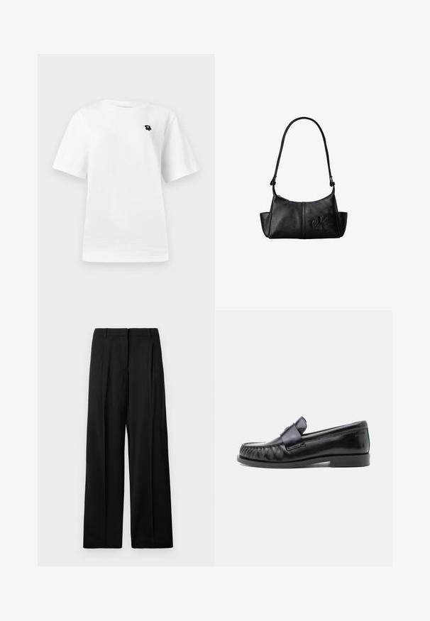 Camiseta blanca de manga corta con un pequeño gráfico negro en el área del lado izquierdo del pecho, sobre un fondo claro y liso.; Pantalones de pierna ancha negros con una textura suave, que presentan pliegues en la parte frontal y una cinturilla clásica. Sin hardware visible ni patrones.; Mocasines de cuero negro con punta redondeada, costuras distintivas y una banda decorativa sobre el empeine. Acabado liso y tacón bajo.; Bolso de hombro de cuero negro con correa larga, bolsillos laterales y logo de Calvin Klein en relieve en la parte delantera.