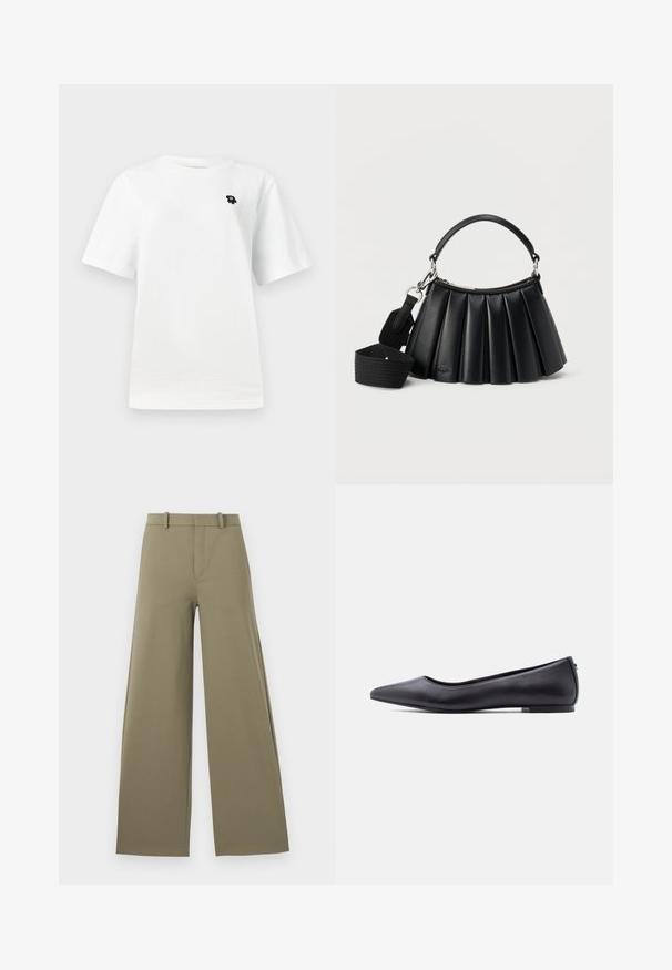 T-shirt blanc à manches courtes avec un petit graphique noir sur la poitrine gauche, sur un fond clair uni.; Pantalons larges en vert olive clair avec une texture lisse, dotés d'une fermeture éclair sur le devant, de passants de ceinture et de deux poches latérales.; Chaussure plate en cuir noire à bout pointu avec petit talon, vue de profil sur fond blanc.; Sac à main noir en cuir plissé avec poignée courte et bandoulière large en tissu détachable sur fond blanc.