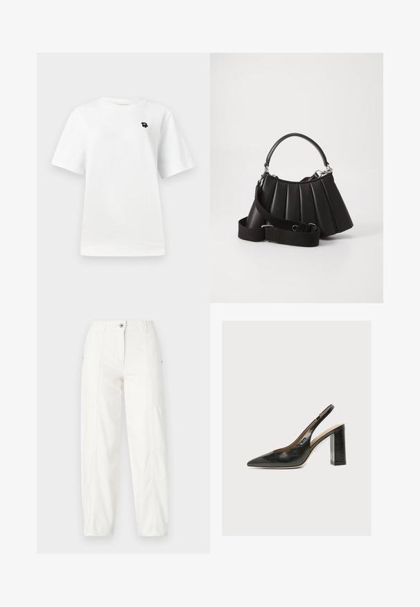 Camiseta blanca de manga corta con un pequeño gráfico negro en el área del lado izquierdo del pecho, sobre un fondo claro y liso.; Pantalones cargo blancos con un diseño de pierna recta, que cuentan con bolsillos laterales, un cierre de botón y detalles de costura visibles. Tela suave y duradera.; Zapato de mujer slingback de piel negra con puntera puntiaguda y tacón alto grueso de bloque sobre fondo blanco.; Bolso de mano negro con pliegues, manejo redondeado, correa ajustable y textura brillante. Presenta herrajes plateados y una silueta estructurada.