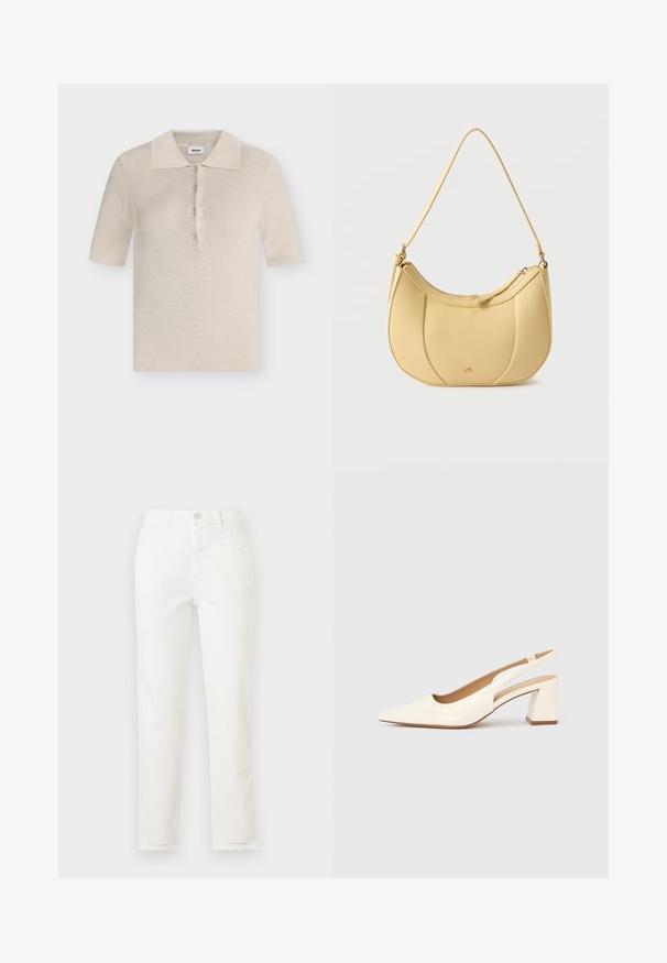 Modström HIROKIMD - Polo - summer sand; Jean blanc à jambes droites avec poches avant, passants de ceinture et fermeture par bouton à la taille.; Escarpin slingback en cuir verni crème brillant, avec un bout pointu et un talon carré épais pour la stabilité. Design minimaliste, sans ornements.; Sac bandoulière jaune en cuir synthétique avec un design incurvé matelassé et une fermeture éclair, présentant une texture lisse et une sangle d'épaule ton sur ton.