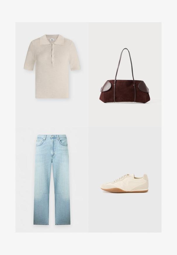 Modström HIROKIMD - Polo - summer sand; Jean en denim bleu clair à jambes droites, taille haute, bouton et fermeture éclair à l’avant, avec coutures visibles aux genoux.; Baskets beige clair avec une tige en cuir texturé, des panneaux latéraux texturés et une semelle en caoutchouc. Dotées d'un design fin et épuré ainsi que de lacets plats.; Sac en daim marron avec des accents en cuir, forme structurée, double poignées, bords arrondis, présentant une texture lisse et un matériel minimal.