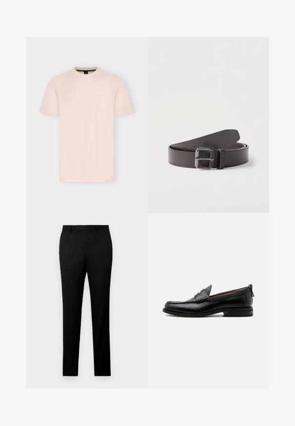 T-shirt beige clair à manches courtes et col rond avec un logo embossé subtil sur la poitrine et une étiquette noire à l'intérieur du col.; Pantalon noir avec une coupe droite, fabriqué dans un tissu texturé, avec des passants de ceinture et des poches latérales. Design simple et épuré.; Mocassin homme en cuir noir avec couture moc toe, bride penny, col texturé et petit talon empilé sur fond blanc.; Ceinture en cuir brun foncé roulée avec une boucle métallique carrée et des coutures visibles le long des bords.