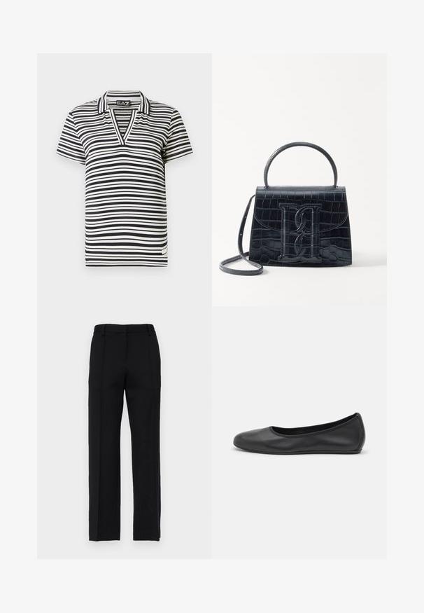 Polo de manga corta a rayas en blanco y negro con cuello en V, textura acanalada y etiqueta de marca en el dobladillo lateral.; Pantalones negros ajustados con un diseño de pierna recta, que cuentan con pliegues frontales y una cintura plana. Fabricados en una tela lisa y texturizada.; Bailarina de piel negra con punta redondeada, textura suave, detalle de costura minimalista y diseño de suela flexible.; Bolso de mano de cuero negro con estampado de cocodrilo, diseño estructurado, asa superior, correa ajustable y un destacado detalle del logotipo en la parte frontal.