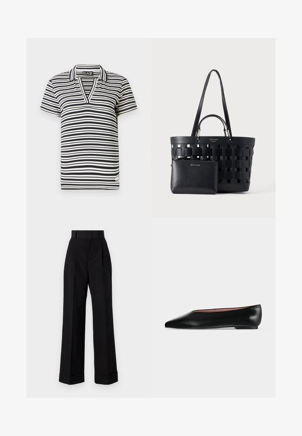 Polo de manga corta a rayas en blanco y negro con cuello en V, textura acanalada y etiqueta de marca en el dobladillo lateral.; Pantalones negros de cintura alta hechos de algodón. Presentan un diseño de pierna ancha, pliegues y dobladillos enrollados. Textura suave, sin patrones ni herrajes visibles.; Zapato plano negro de cuero para mujer con punta puntiaguda y tacón bajo, mostrado de lado sobre un fondo liso gris claro.; Bolso tote tejido negro con asas dobles y un pequeño bolsillo con cremallera a juego en la parte delantera, ambos hechos de cuero.