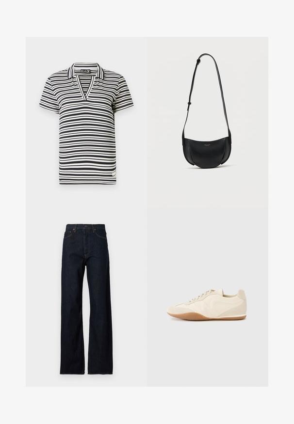 Polo de manga corta a rayas en blanco y negro con cuello en V, textura acanalada y etiqueta de marca en el dobladillo lateral.; Pantalones vaqueros de mezclilla azul oscuro con cintura alta, diseño de pierna recta, estilo de cinco bolsillos y costuras contrastantes en las costuras.; Zapatillas deportivas color beige claro con parte superior de cuero texturizado, paneles laterales texturizados y suela de goma. Presentan un diseño elegante y estilizado con cordones planos.; Bolso bandolera de cuero negro en forma de media luna con correa ajustable y pequeño logo dorado en el centro frontal.