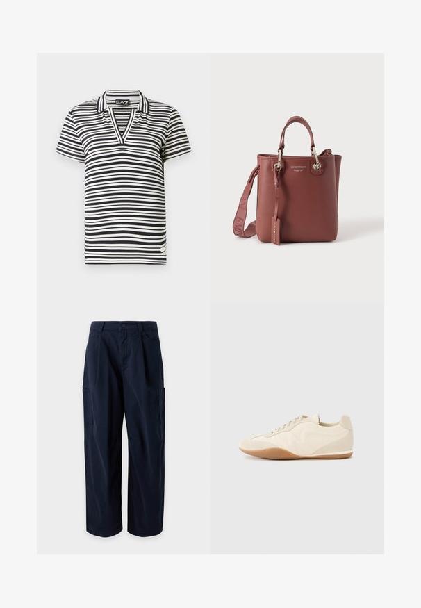 Polo shirt à manches courtes noir et blanc rayé avec un col V, texture côtelée et étiquette de marque sur l'ourlet latéral.; Pantalon cargo bleu marine à jambes larges, passants de ceinture, fermeture à l'avant, poches latérales et deux grandes poches sur les cuisses, exposé sur un fond uni.; Baskets beige clair avec une tige en cuir texturé, des panneaux latéraux texturés et une semelle en caoutchouc. Dotées d'un design fin et épuré ainsi que de lacets plats.; Sac à main en cuir marron avec anses supérieures, bandoulière amovible et quincaillerie argentée, marqué du texte « Emporio Armani ».
