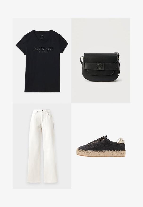 Čierne tričko s krátkym rukávom od Armani Exchange s okrúhlym výstrihom a logom "ARMANI EXCHANGE" v lesklom, bodkovanom potlači na prednej strane.; Biele široké nohavice vyrobené z denimovej látky, s gombíkovým uzatváraním, pútkami na opasok a dizajnom piatich vreciek. Hladká textúra s viditeľným šitím.; Čierne textilné tenisky s metalickým akcentom na päte, jutová platforma podrážky a šesť očiek na šnurovanie. Textúrovaný zvršok s jemným leskom.; Čierna kožená taška cez rameno s klopou na zapínanie a vyrazeným logom Armani Exchange na prednej pracke, minimalistický dizajn.