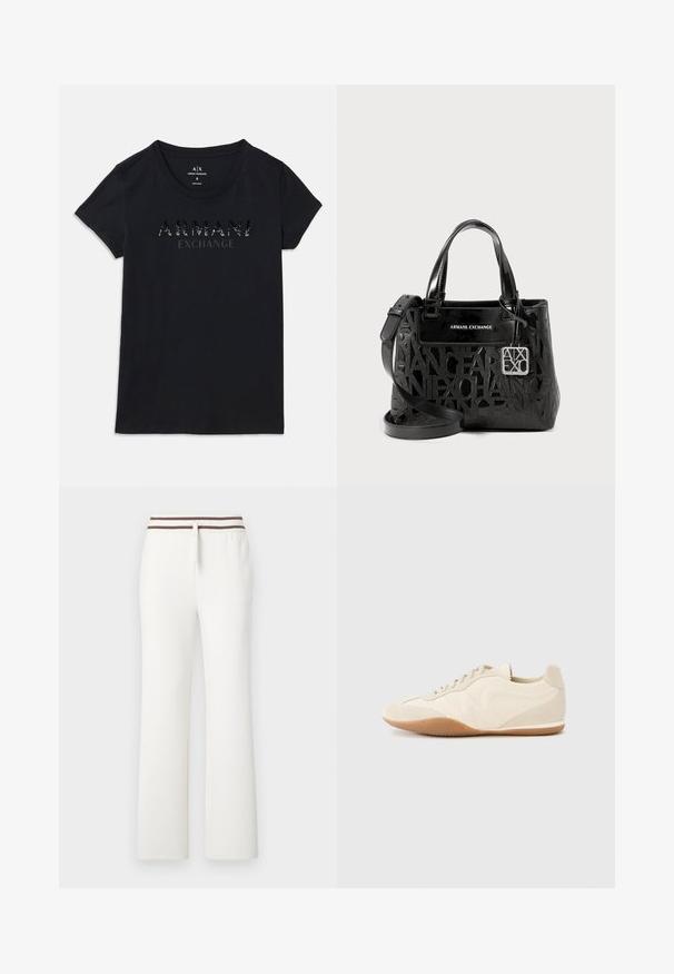 Čierne tričko s krátkym rukávom od Armani Exchange s okrúhlym výstrihom a logom "ARMANI EXCHANGE" v lesklom, bodkovanom potlači na prednej strane.; Biele dlhé tepláky s priamym strihom, hnedo pruhovaným elastickým pásom a prednou šnúrkou na stiahnutie na jednoduchom pozadí.; Svetlobéžové tenisky s textúrovaným koženým zvrškom, textúrovanými bočnými panelmi a gumovou podrážkou. Majú štíhly, prúžkovaný dizajn a ploché šnúrky.; Čierna kabelka vyrobená z lesklého materiálu, s embosovaným logom, dvojitými uchami, odnímateľným ramenným páskom a striebornými kovovými doplnkami.