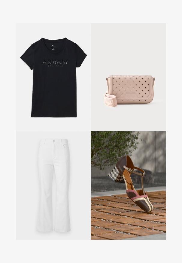 Čierne tričko s krátkym rukávom od Armani Exchange s okrúhlym výstrihom a logom "ARMANI EXCHANGE" v lesklom, bodkovanom potlači na prednej strane.; Biele rozšírené džínsy s vysokým pásom, prednými vreckami a surovým lemom. Vyrobené z džínoviny s hladkou textúrou a minimálnym šitím.; Hnedo-ružové sandále na podpätku s textúrovaným vrškom, T-ramienkom a podpätkom s geometrickým vzorom. Kožený materiál, dekoratívna pracka.; Béžová kožená taška cez rameno s perforovaným vzorom a vyrazeným logom, vybavená širokým textilným popruhom s názvom značky.