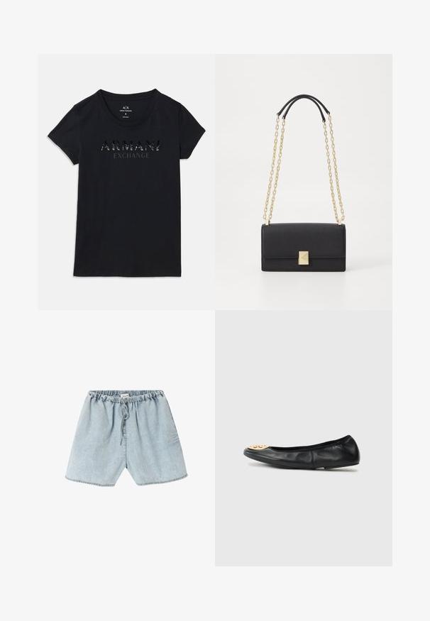 Sort kortærmet Armani Exchange t-shirt med rund hals og "ARMANI EXCHANGE" logo i blank, prikket print på brystet.; American Vintage PAYBOU - Denimshorts - blue snow; Sort læderballetflad med en rund tå, der har en gylden hardwareaccent på tåen, glat tekstur og fleksibel sål.; Sort læderhåndtaske med rektangulær form, der har en guldkæde-rem og en firkantet guldlåsdetalje. Glat tekstur, minimalistisk design.