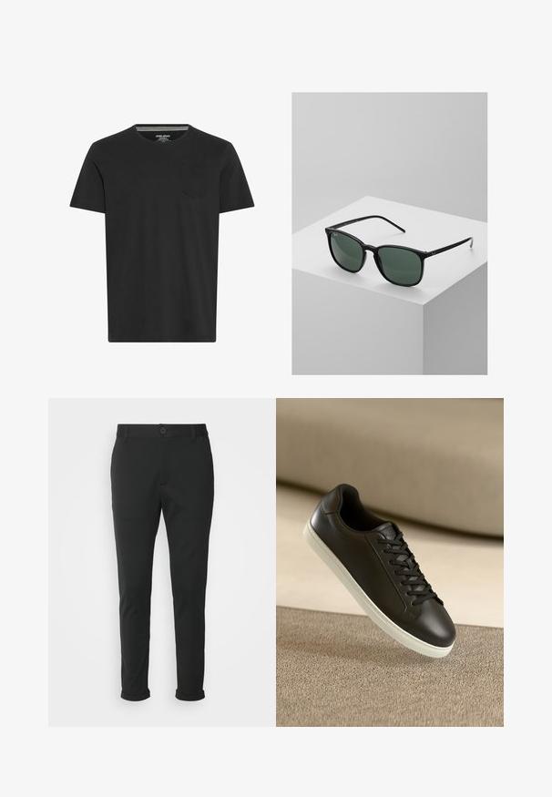Camiseta negra de manga corta hecha de algodón. Presenta un cuello barco y un pequeño bolsillo en el lado izquierdo del pecho. Textura suave y diseño sencillo.; Pantalones negros hechos de una tela suave con corte recto. Cuenta con un cierre de botón único y puños doblados.; Zapatilla de cuero negra con suela de goma blanca y cordones negros, posicionada sobre una superficie y fondo de tela beige.; Gafas de sol rectangulares negras con lentes verde oscuro, que cuentan con un diseño de marco de plástico ligero y acentos plateados en las patillas.