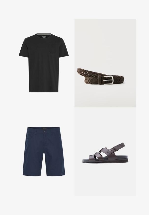 Sort kortærmet T-shirt lavet af bomuld. Har en rund hals og en lille lomme på venstre bryst. Glat tekstur og simpelt design.; Marineblå bomuldsshorts med knaplukning, forlommer og lige snit. Glat tekstur med synlige syninger.; Herres mørkebrune lædersandal med flere remme, justerbar ankelrem og flad sort sål, vist i profil mod en hvid baggrund.; Mørkebrun flettet læderbælte med en sølvfarvet rektangulær spænde på en hvid baggrund, rullet i en spiral.