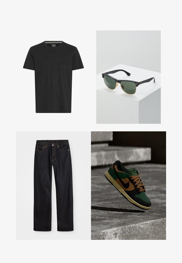 Sort kortærmet T-shirt lavet af bomuld. Har en rund hals og en lille lomme på venstre bryst. Glat tekstur og simpelt design.; Mænds lige ben sorte denim jeans med fem lommer og orange syninger, knap- og lynlåslukning foran på taljen.; Nike sneaker i grøn, brun og sort med beige snørebånd svævende over betontrapper.; Ray-Ban solbriller med grønne linser, sorte plastikstel og gyldne detaljer ved kanterne. Firkantet form med mat finish.