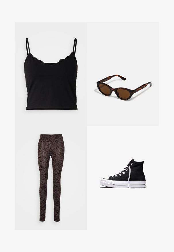 Even&Odd by Zalando Top - black; ONLY ONLBELLA LIVE LOVE LEGGINGS - Leggings - brown; Sort high-top canvas sneaker med hvid gummisål og hvide snørebånd, vist fra siden mod en hvid baggrund.; Brune skildpadde solbriller med en vintage katteøje-form og brune linser. Har buede arme med røde detaljer.