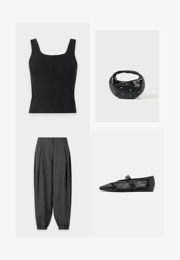 Μαύρο ριμπ crop top με φαρδιές τιράντες και κοντό κάθετο κούμπωμα με κουμπιά στο κέντρο μπροστά.; Σκούρο γκρι άνετο παντελόνι με πιέτες στο μπροστινό μέρος και ελαστικά μανσέτες στους αστραγάλους σε μονόχρωμο φόντο.; Μαύρο επίπεδο παπούτσι με μυτερή μύτη, πλάγιες πάνελ από δίχτυ και λουράκι με λεπτομέρεια από αγκράφα. Λείος φινίρισμα στη μύτη και τις φτέρνες.; Μαύρη δερμάτινη τσάντα χειρός με στρογγυλεμένο σχήμα, διακοσμημένη με ασημένιες λεπτομέρειες με καρφιά και κοντή λαβή. Λείο υλικό και κλείσιμο με φερμουάρ.