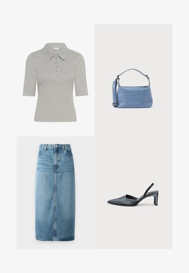Polo gris côtelé à manches courtes, col pointu et six boutons violet clair. Présente un logo brodé discret sur la poitrine.; Jupe midi en denim bleu clair. Forme évasée avec une fente à l'avant, design à cinq poches, fermeture à boutons et coutures visibles. Texture lisse.; Escarpin noir à bride arrière avec un bout pointu, une finition satinée élégante et un talon fin de 7,5 cm. Design latéral ouvert avec des détails de couture minimalistes.; Sac à main bleu clair embossé façon crocodile avec une poignée courte et une bandoulière amovible. Texture lisse avec une fermeture éclair.