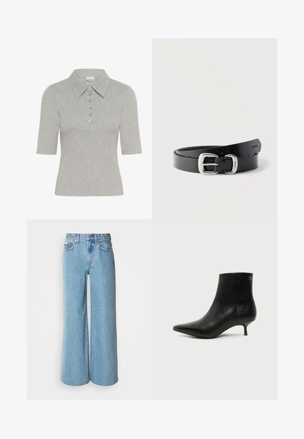 Polo gris côtelé à manches courtes, col pointu et six boutons violet clair. Présente un logo brodé discret sur la poitrine.; Jean large bleu clair en denim, avec une taille haute, un design à cinq poches et un léger dégradé sur le tissu.; Bottine en cuir noir avec bout pointu et petit talon kitten sur fond clair, vue côté extérieur.; Ceinture en cuir noir enroulée avec boucle en métal argenté gravée "Calvin Klein" sur un fond blanc uni.
