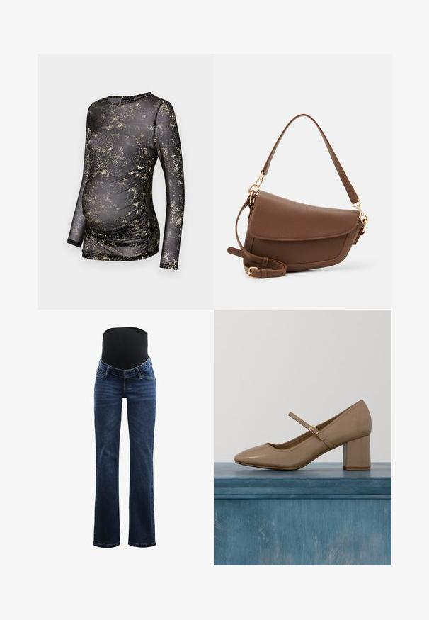 Sort langærmet top med guldprikket mønster, lavet af strækbart stof, med ruching i siderne for at give plads til en voksende mave.; Mødrejeans med en strækbar sort toppanel, blå denim stof, lige ben design og fem-lomme stil med bæltestropper.; Beige læderpumpe med blokhæl, rundet tå og en dekorativ strop med en gylden spænde. Glat tekstur, minimalistisk design.; Brun læder skuldertaske med en tekstureret overflade, buet form, guldfarvet hardware, justerbar rem og klaplukning.