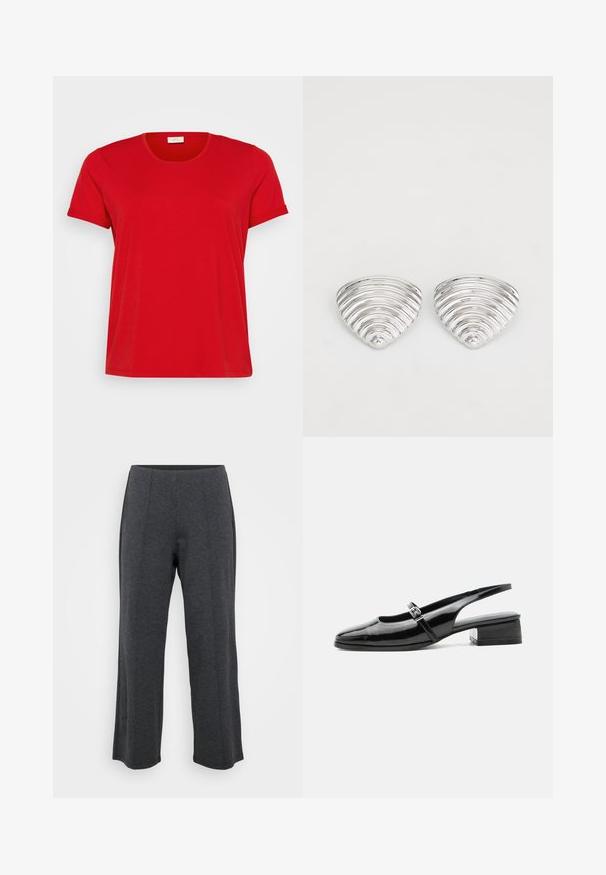 Camiseta roja de manga corta con cuello redondo, fabricada en una suave mezcla de algodón, que presenta un corte relajado y una textura lisa.; Pantalones de pierna ancha en gris oscuro, hechos de una tela suave y elástica. Presentan una cinturilla suave y un frente plano con pliegues sutiles para un detalle adicional.; Zapato slingback de charol negro con tacón bajo y grueso y una fina correa con hebilla de plata en la parte superior.; Pendientes en tono plateado con un diseño ondulado y texturizado, con forma de media lunas superpuestas; el acabado pulido realza las cualidades reflectantes.