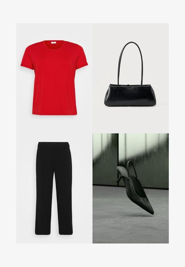 Camiseta roja de manga corta con cuello redondo, fabricada en una suave mezcla de algodón, que presenta un corte relajado y una textura lisa.; Pantalones de pierna ancha negros con un tejido suave, que presentan una cintura ancha y sin herrajes visibles. Diseño simple, sin patrones ni adornos.; Zapato de tacón alto con punta puntiaguda y talón destalonado de cuero negro flotando sobre un suelo alfombrado gris, fondo de pared verdosa borrosa.; Bolso de hombro rectangular negro con correas largas y delgadas y una textura lisa y brillante sobre un fondo liso.