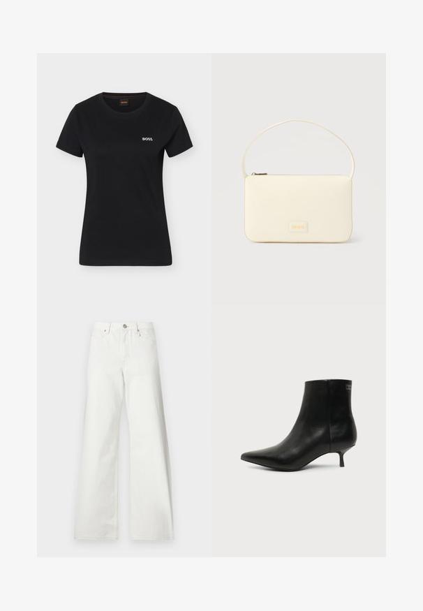 T-shirt noir à manches courtes pour femmes avec encolure ronde et petit logo blanc "BOSS" sur le côté gauche de la poitrine.; Jean blanc taille haute à jambes larges, fermeture à boutons devant, passants de ceinture et poches avant sur fond uni.; Bottine en cuir noir avec bout pointu et petit talon kitten sur fond clair, vue côté extérieur.; Sac à main rectangulaire de couleur crème avec une seule sangle et une fermeture éclair sur le dessus, comportant une petite plaque de logo embossé à l'avant.