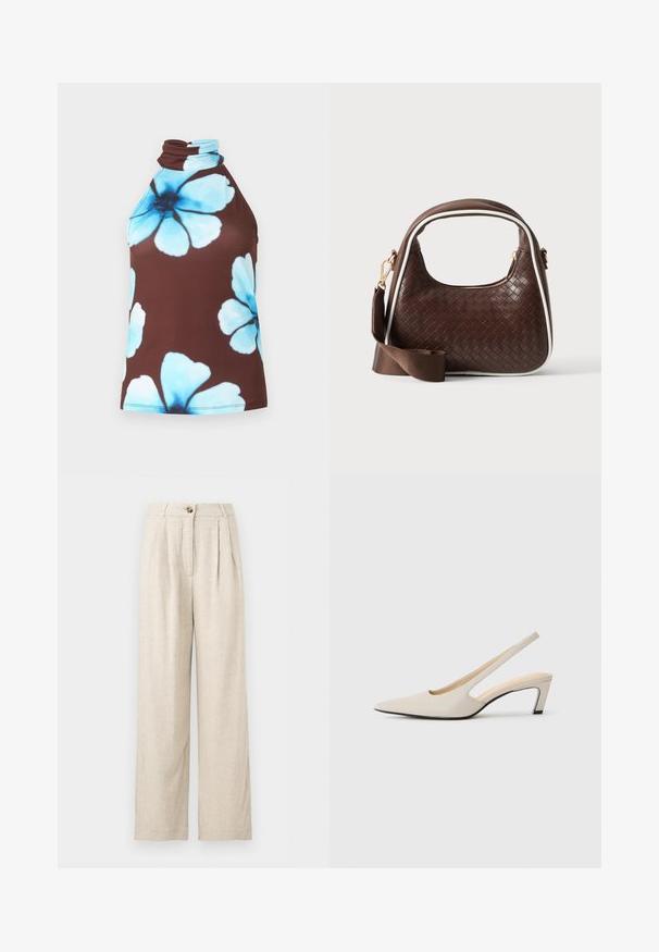 Haut marron sans manches à col montant, décoré de grands imprimés floraux bleu clair.; Pantalon large en lin beige taille haute avec fermeture à boutons et plis à l'avant, conçu pour une coupe décontractée.; Escarpins beige à bride arrière avec un bout pointu, côtés ouverts et petit talon bloc. Texture en cuir lisse et design minimaliste.; Sac à main en cuir tressé marron avec passepoil blanc, fermeture éclair dorée et bandoulière amovible en tissu marron.