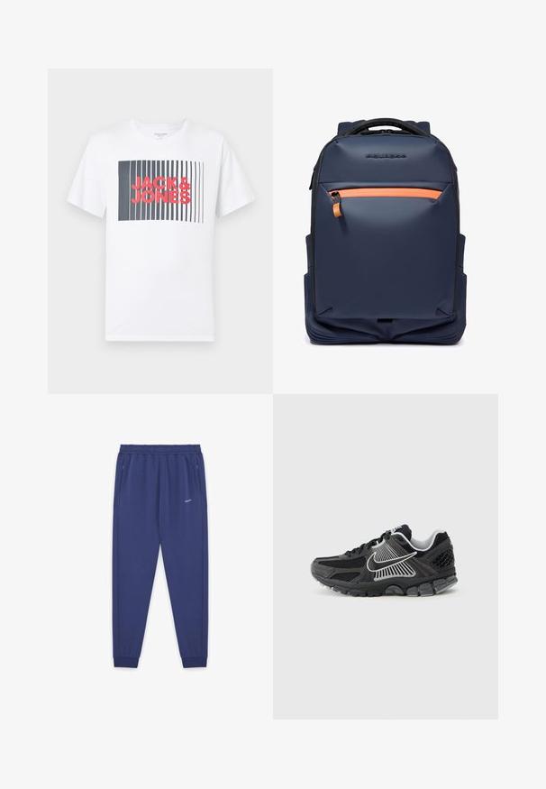 Weißes Baumwoll-T-Shirt mit einem rechteckigen Motiv aus dunkelblauen vertikalen Streifen und dem Text "JACK & JONES" in kräftigem Rot.; Marineblaue Jogginghosen mit elastischem Bund, Seitentaschen, gerippten Bündchen und kleinem weißen "LYLE & SCOTT"-Logo am rechten Oberschenkel.; Schwarzer Sportschuh mit Mesh-Einsätzen und synthetischen Akzenten. Verfügt über eine abgerundete Zehenpartie, eine dicke gepolsterte Sohle und kontrastreiche weiße Logodetails.; Marineblauer Rucksack mit einer orangen Frontreißverschlusstasche, schwarzem Griff und seitlichen Fächern, oben vorne mit der Marke "Piquadro".