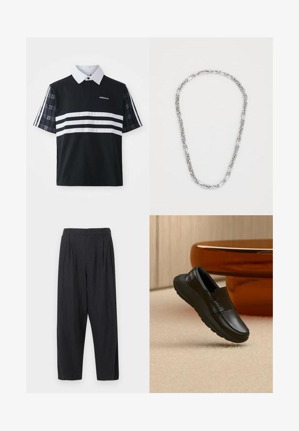 Zwarte polo met witte strepen en logo; heeft korte geruite mouwen en een witte kraag met een knoopsluiting.; Zwarte wijdere broek met hoge taille, plooien, knoopsluiting en riemlussen, afgebeeld tegen een effen lichte achtergrond.; Zwarte leren loafer met dikke zool, weergegeven boven een beige tapijt en dichtbij een ronde amberkleurige tafelpoot.; Calvin Klein ASPIRE - Ketting - silver-coloured