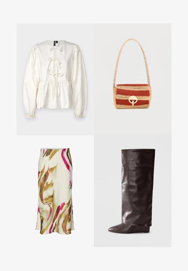 Blusa blanca de manga larga con un cuerpo ajustado, fruncidos en las mangas y un detalle decorativo de lazo en el escote. Tela suave y lisa.; Falda crema con patrones abstractos fluidos en rosa, dorado y marrón, con una silueta suave y ligeramente acampanada.; Bota de cuero marrón hasta la rodilla con una textura suave, punta afilada, tacón bajo en cuña y un acabado ligeramente arrugado.; Pequeño bolso rectangular tejido con rayas rojas y beige, cierre circular dorado y cadena dorada para el hombro.