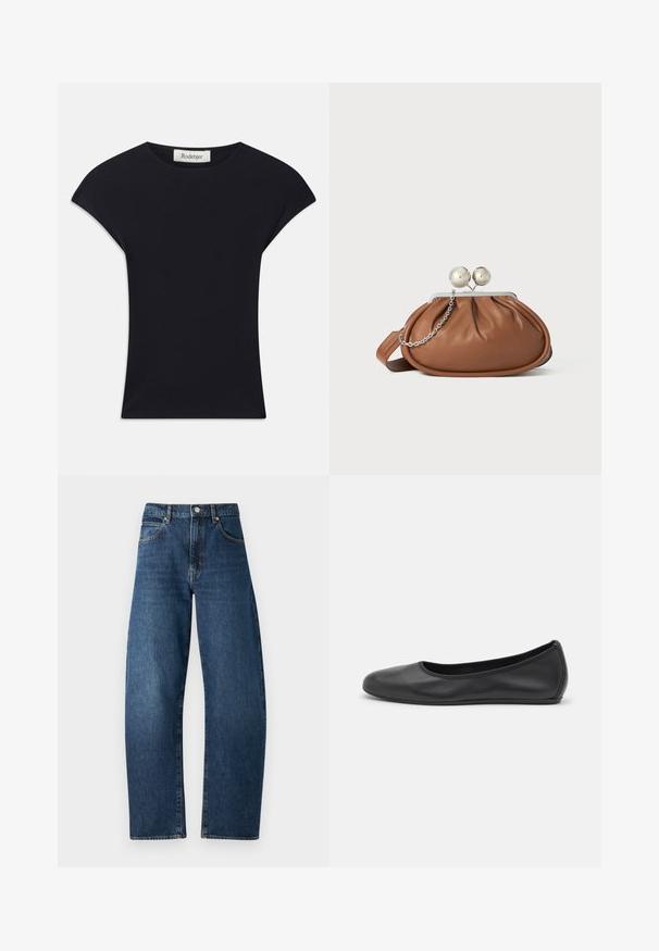 Sort kortærmet top lavet af blødt stof, med rund halsudskæring og en tætsiddende form med diskrete skulderdetaljer. Mærke synligt.; Blå denimjeans med høj talje, lige ben design, synlige syninger, fem lommer og knaplukning. Klassisk mørk vask finish.; Sort læderballetsko med rund tå, glat tekstur, minimal syning og et fleksibelt såldesign.; Brun læder clutch-pung med sølv kugleklap og en lille sølv kædedetalje på en hvid baggrund.