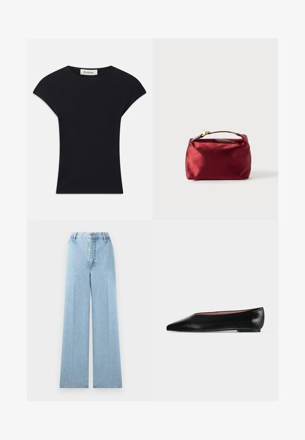 Zwarte korte mouwen top van zacht stof, met een ronde halslijn en een aansluitende vorm met subtiele schouderaccenten. Etiket zichtbaar.; Lichtblauwe wijde jeans gemaakt van denim met een hoge taille, voorzien van vijf riemlussen, een voorknopsluiting en gestikte naden.; Zwarte leren damesschoen met platte zool, puntige neus en lage hak, zijwaarts afgebeeld tegen een effen lichtgrijze achtergrond.; Bordeaux satijnen cosmetica tas met een rechthoekige vorm, ritssluiting en een kort handvat. Beschikt over een minimalistisch ontwerp en een gladde textuur.