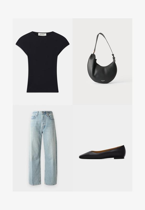 Zwarte korte mouwen top van zacht stof, met een ronde halslijn en een aansluitende vorm met subtiele schouderaccenten. Etiket zichtbaar.; Lichtblauwe wijde jeans van denim. Heeft een hoge taille, twee voorzakken en een rechte pijp met een lichte vervaging in de stof.; Zwarte leren puntschoen met lage hak en gladde afwerking, zijaanzicht op een lichtgrijze achtergrond.; Zwarte leren schoudertas in halvemaanvorm met verstelbare riem en kleine witte logotekst aan de voorkant tegen een lichte achtergrond.