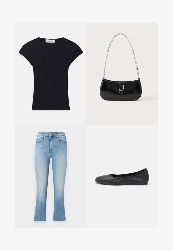 Zwarte korte mouwen top van zacht stof, met een ronde halslijn en een aansluitende vorm met subtiele schouderaccenten. Etiket zichtbaar.; Lichtblauwe jeans met een hoge taille, uitlopende pijpen en subtiele vervaging. Bevat klassieke zakken en een metalen knoopsluiting.; Zwarte leren ballerina met een ronde neus, gladde textuur, minimale stikdetails en een flexibele zoolontwerp.; Zwarte lakleren schoudertas met een zilveren gespdetail en een zilveren kettingriem, getoond tegen een effen lichte achtergrond.
