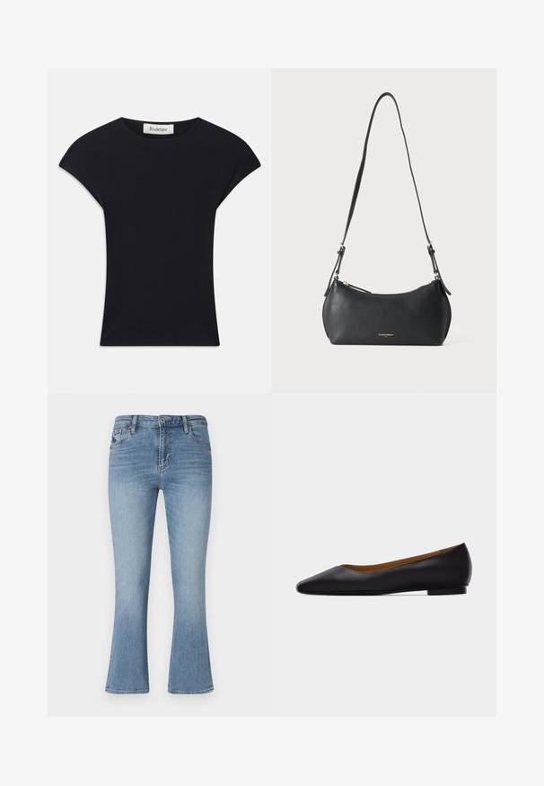 Zwarte korte mouwen top van zacht stof, met een ronde halslijn en een aansluitende vorm met subtiele schouderaccenten. Etiket zichtbaar.; Lichtblauwe uitlopende jeans van denim. Heeft een middelhoge taille, vijf zakken en riemlussen. Vervagingdetails en stiksels zichtbaar.; Zwarte leren puntschoen met lage hak en gladde afwerking, zijaanzicht op een lichtgrijze achtergrond.; Kleine zwarte leren schoudertas met verstelbare band en gouden rits, met subtiele gouden merktekst aan de voorkant.