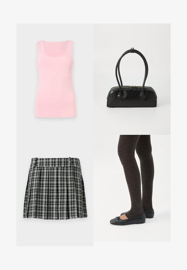 Débardeur rose clair sans manches avec un col carré, présenté sur un fond clair uni.; Jupe plissée à carreaux noir et blanc avec une taille lisse et de multiples plis verticaux. Fabriquée en tissu léger.; Jambes portant des leggings côtelés foncés associés à des ballerines noires avec de petits détails en nœud sur fond blanc.; Sac à main en cuir noir avec deux anses allongées, fermeture éclair et forme arrondie ; texture lisse avec une finition légèrement brillante.