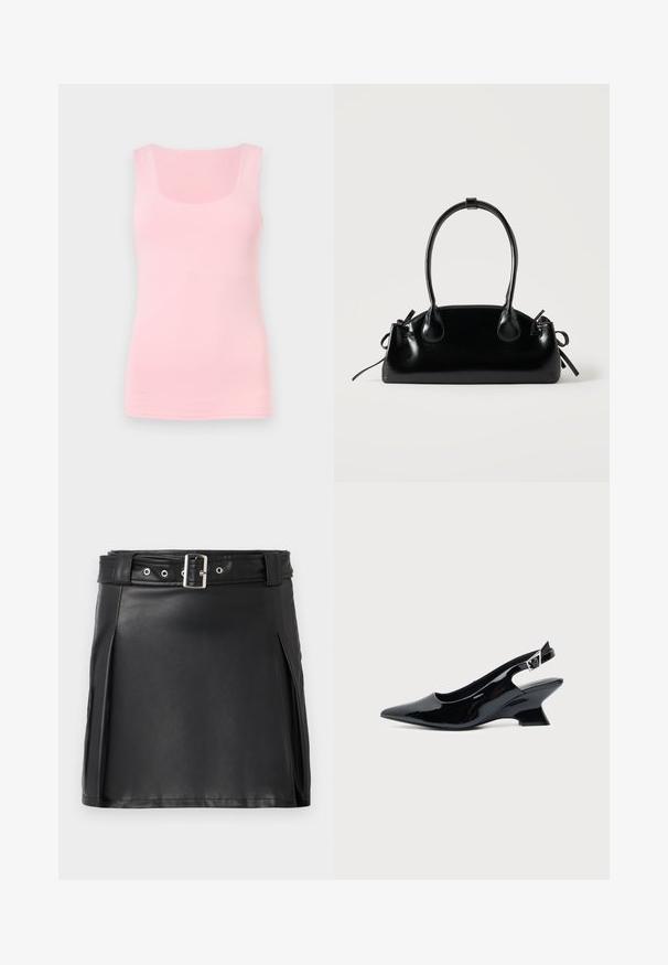 Débardeur rose clair sans manches avec un col carré, présenté sur un fond clair uni.; Jupe mini en faux cuir noir avec un design ajusté, des plis latéraux et une ceinture avec une boucle argentée et des œillets. Texture lisse, taille haute.; Chaussure slingback en cuir verni noir avec bout pointu et petit talon bloc incliné sur fond clair uni.; Petit sac à main noir brillant avec deux longues anses et des détails à cordon sur les côtés sur un fond clair uni.