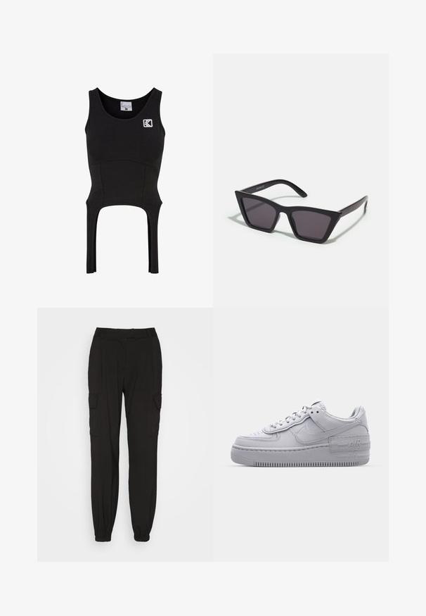 Schwarzes, ärmelloses Cropped-Top aus einem weichen, dehnbaren Stoff mit tailliertem Schnitt. Verfügt über ein Logo auf der Brust und Ausschnittdetails am Saum.; Schwarze Cargo-Hosen aus einem leichten Stoff, mit Seitentaschen, einem elastischen Taillenbund und elastischen Bündchen an den Knöcheln.; Graue Nike Air Force 1 Sneaker mit perforierter Zehenpartie, Obermaterial aus glattem Leder, dicker Sohle und geprägtem 'AIR'-Detail an der Ferse.; Schwarze, eckige Sonnenbrille mit grauen Gläsern; aus Kunststoff gefertigt, mit dicken Bügeln, die eine glatte Oberfläche und keine sichtbaren Beschläge haben.