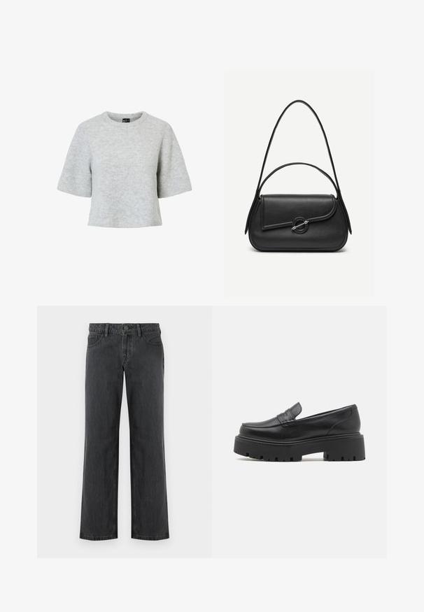 Grå kortærmet trøje lavet af tekstureret strikket stof med rund halsudskæring og et cropped design. Ingen synlige mønstre eller detaljer.; Mørkegrå vidde bukser lavet af denim, med standard linning, fem lommer og knaplukning. Glat tekstur og ensartet syning.; Sorte læder loafers med en lav, grov gummi sål, syede detaljer på overdelen og en glat overflade.; Sort læderhåndtaske med afrundede kanter, asymmetrisk klap, metalcirkulært spænde samt både korte og lange skulderstropper.