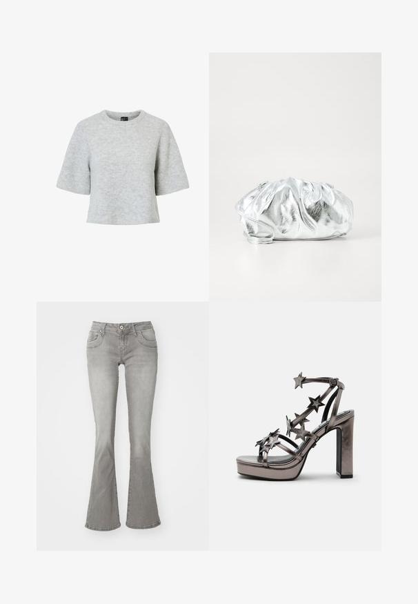 Grå kortærmet trøje lavet af tekstureret strikket stof med rund halsudskæring og et cropped design. Ingen synlige mønstre eller detaljer.; Grå flagrende jeans med en middelhøj talje, frontlommer og knaplukning, lavet af denimstof med en glat tekstur.; Metallisk højhælet sandal med plateau sål og flere remme dekoreret med stjerneformede pynt og ankelspænde.; Metallisk sølv clutch taske med en blød, samlet krop og en tynd skulderrem. Har en glat, skinnende overflade og rund form.