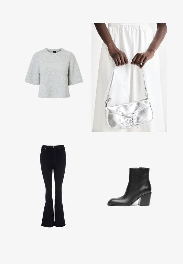 Grå kortærmet trøje lavet af tekstureret strikket stof med rund halsudskæring og et cropped design. Ingen synlige mønstre eller detaljer.; Sorte jeans med høj talje, forlommer, knaplukning og udvidede ben mod bunden.; Sort læder ankelstøvle med firkantet tå og kraftig blokhæl. Glat tekstur og minimalistisk design. Sidelukning for nem påklædning.; Sølvmetallic håndtaske med snøredetaljer, der har et slankt design og en kort strop. Tasken holdes i hænderne for at fremvise dens tekstur.