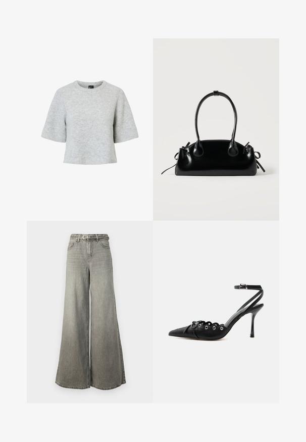 Grå kortærmet trøje lavet af tekstureret strikket stof med rund halsudskæring og et cropped design. Ingen synlige mønstre eller detaljer.; Vero Moda Tall VMANNET WIDE BELT - Wide leg - medium grey denim; Sort spids hæl med bølgede kanter, metaløjer, snørelukning foran og ankelrem med spænde.; Lille sort blank håndtaske med to lange håndtag og snøre-detaljer i siden på en ensfarvet lys baggrund.