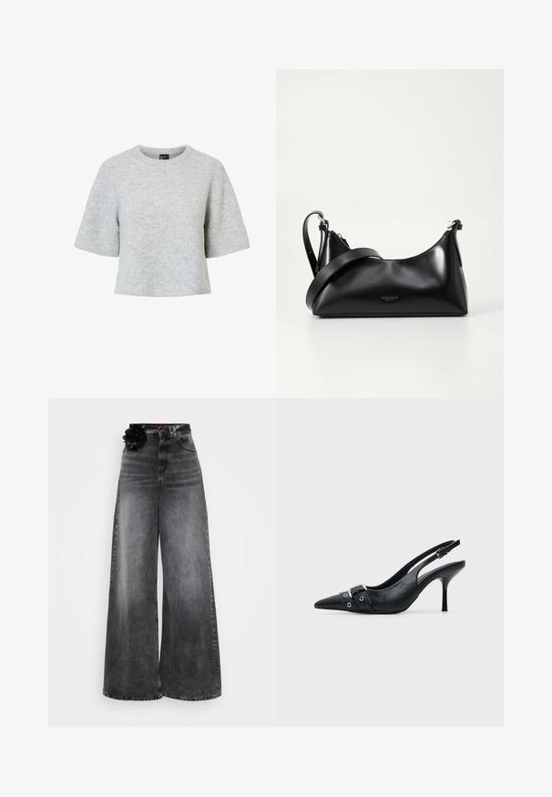 Grå kortærmet trøje lavet af tekstureret strikket stof med rund halsudskæring og et cropped design. Ingen synlige mønstre eller detaljer.; Bredde jeans i falmet sort denim med høj talje og en dekorativ sort blomsterdetalje på taljebåndet.; Sort læder højhælet sko med spidst tåparti, slingback og rem med spænde og nitter foran.; Sort læderhåndtaske med en glat tekstur. Har en justerbar stropp og et enkelt, minimalistisk design med lynlås.