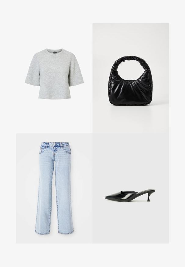 Grå kortærmet trøje lavet af tekstureret strikket stof med rund halsudskæring og et cropped design. Ingen synlige mønstre eller detaljer.; Lyseblå denimjeans med en afslappet pasform, lige ben og subtilt slid. Har fem lommer og bæltestropper. Distressed kantdetalje.; Sorte patenterede lædermules med spids tå, lav kittenheel og buede sider, der har en glansfuld finish og minimalistisk design.; Sort polstret håndtaske med et rundt håndtag, der har en glat, skinnende overflade og en blød, kviltet tekstur. Ingen synlige hardware eller accenter.