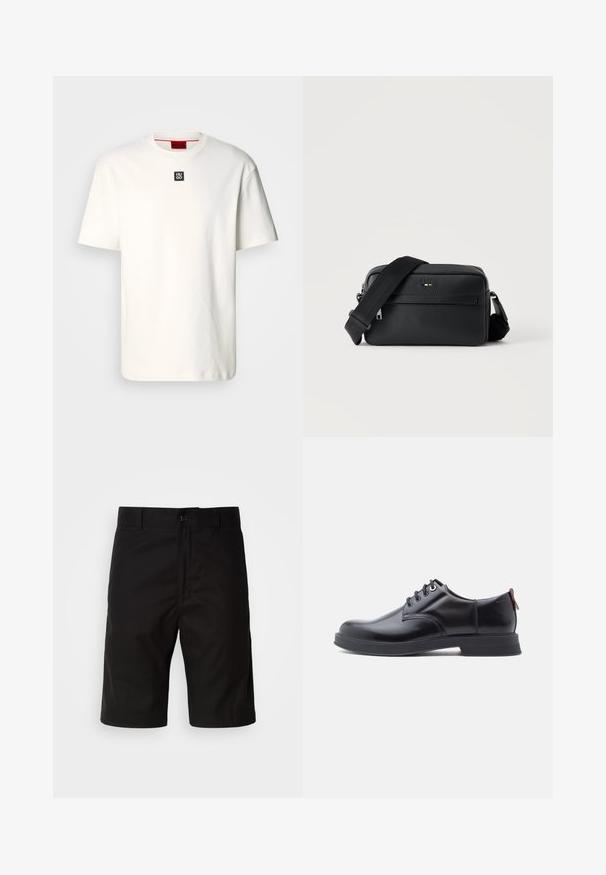 T-shirt en coton blanc avec un col rond, des manches courtes et un petit logo carré noir avec "HUGO" sur la poitrine. Design simple, texture douce.; Shorts noirs en tissu uni, avec une coupe droite, fermeture à bouton et une texture lisse sans motifs visibles.; Chaussures en cuir noir à lacets avec une texture lisse, un bout arrondi et des détails de couture discrets. Présentent une languette rouge à l'arrière.; Sac bandoulière en cuir noir texturé avec poche avant zippée et bandoulière large en tissu réglable sur fond blanc.
