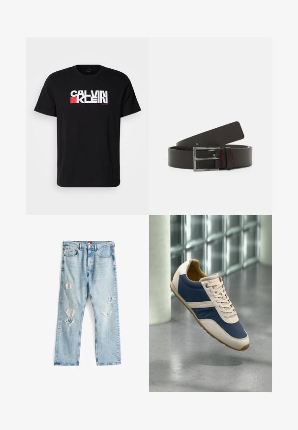 Schwarzes Baumwoll-T-Shirt mit auffälligem weißen und roten "CALVIN KLEIN"-Logo über der Brust. Kurzarm- und Rundhalsausschnitt-Design.; Helle blaue Denim-Jeans mit verwitterten Rissen und Patches. Gerader Schnitt mit sichtbaren Nähten und einem Knopfverschluss am Bund.; Blauer und beiger Schnürsneaker mit Gummisohle, seitlich mit "Hilfiger" gebrandet, präsentiert über einem grauen, polierten Boden und einer Glasbausteinwand.; Schwarzer Ledergürtel mit einer rechteckigen silbernen Schnalle, verfügt über rote Nähte und eine glatte Textur. Längenverstellbar mit mehreren Löchern.