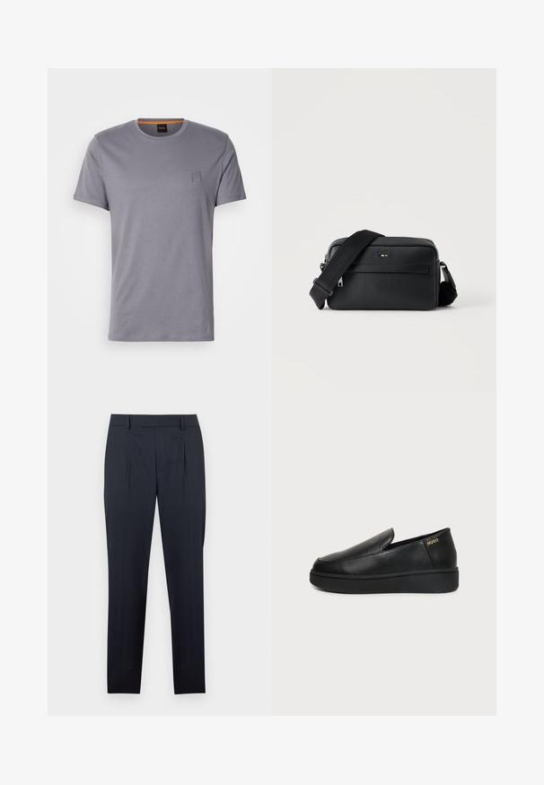 T-shirt gris à manches courtes en coton, avec un col rond et un petit écusson rectangulaire sur le côté supérieur gauche. Texture lisse.; Pantalon bleu marine foncé avec une coupe ajustée, comprenant des plis à l'avant, des passants pour ceinture et une silhouette à jambe droite. Texture lisse et coupe classique.; Chaussure noire en cuir à enfiler avec semelle épaisse et petits trous de ventilation latéraux, avec un logo doré "HUGO" près du talon.; Sac bandoulière en cuir noir texturé avec poche avant zippée et bandoulière large en tissu réglable sur fond blanc.