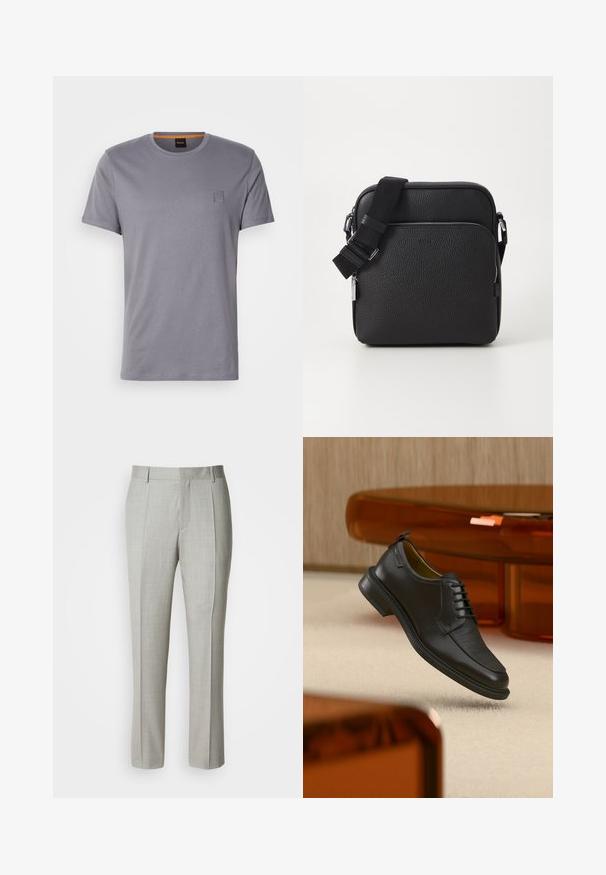 T-shirt gris à manches courtes en coton, avec un col rond et un petit écusson rectangulaire sur le côté supérieur gauche. Texture lisse.; Pantalon tailleur gris clair en tissu lisse, présentant une coupe droite, des plis à l'avant, et une ceinture classique avec passants pour ceinture.; Chaussure habillée noire en cuir à lacets avec devant texturé, flottant au-dessus d'un tapis beige dans une pièce moderne avec des meubles teintés d'ambre.; Sac bandoulière en cuir noir avec une surface texturée, doté d'une poche zippée à l'avant, d'une bandoulière ajustable et d'accents en métal.